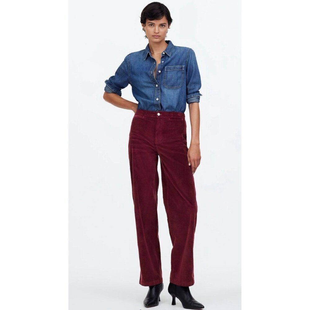 Madewell Bordeaux Emmett Wide Leg High Rise Pant Corduroy Welt Pocket Red 25